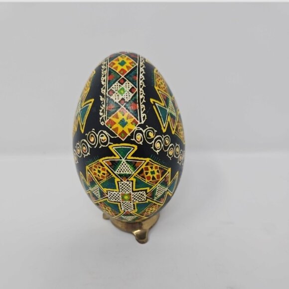 Vintage Ukrainian Pysanky Pysanka Hand Painted Goose Egg w/Stand Geometric Black - Picture 1 of 5
